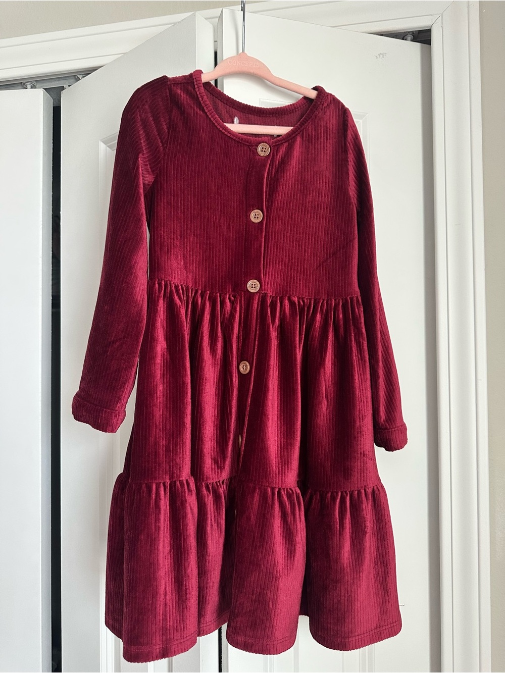 Girls' Burgundy Corduroy Button-Front Dress